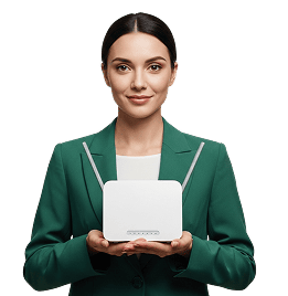 Девушка держит в руках роутер